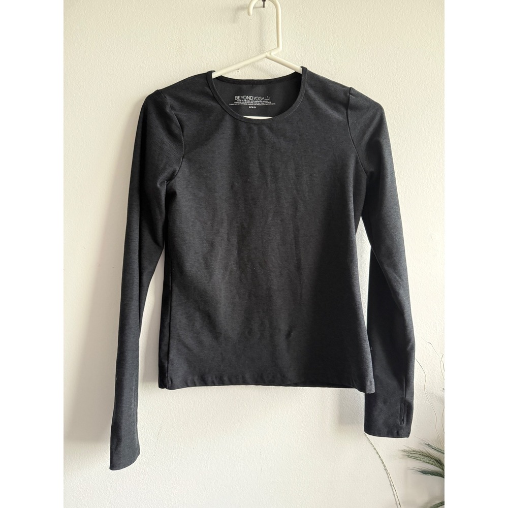 Beyond Yoga Womens Long‎ Sleeve Crew Neck Top Charcoal Gray Thumbholes Size M